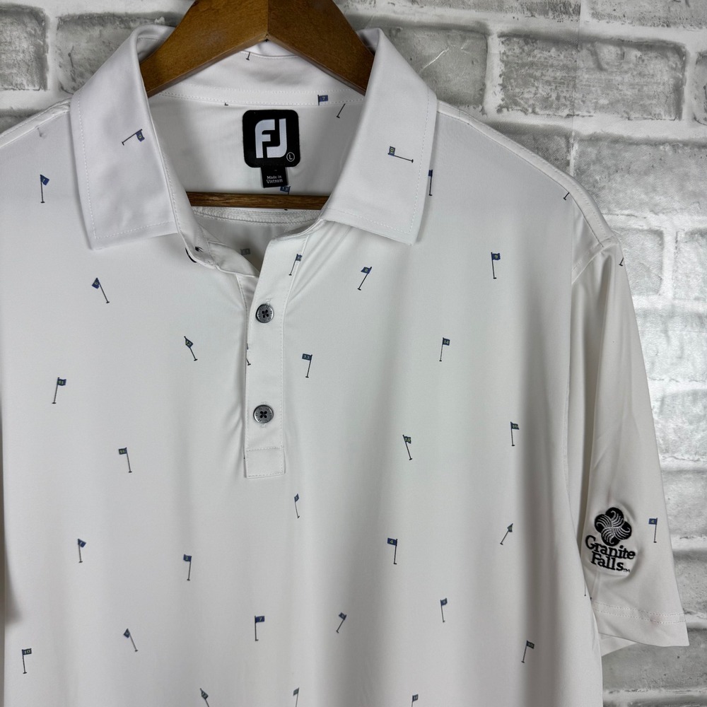 FootJoy Men White Blue Golf Flag AOP Print Lisle Polo Shirt Granite Falls Large